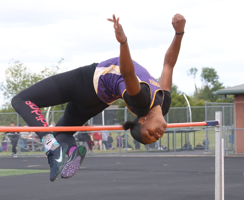 Mendota's Mariyah Elam competes in the high jump during the Class 2A Sectional track meet on Wednesday, May 13, 2026 in the Jeff Prusator Athletic Complex at Mendota High School.
