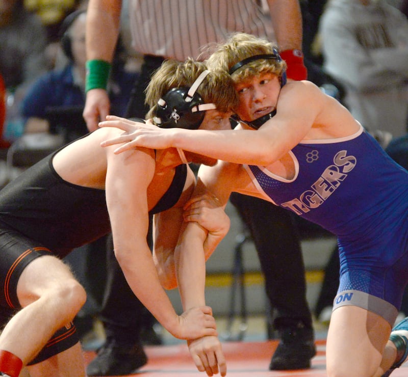 Princeton’s Augustus Swanson (right) wrestles Byron’s Jackson Morris in a semi-final wrestleback match at 120 pounds at the 1A Oregon Sectional on Saturday, Feb. 15, 2025.