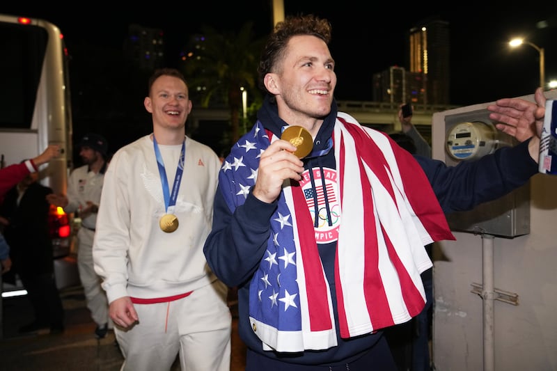 United States hockey player Matthew Tkachuk arrives at E11EVEN after the team won the gold medal at the Milan Cortina Olympics, Monday, Feb. 23, 2026, in Miami. (AP Photo/Lynne Sladky)
