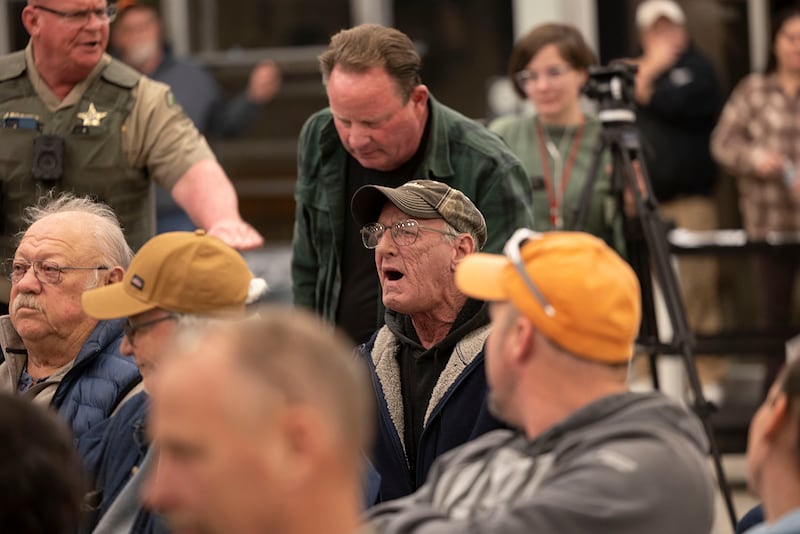 A local resident gets heated during a Coloma Township meeting Wednesday, Dec. 10, 2025, in Rock Falls.