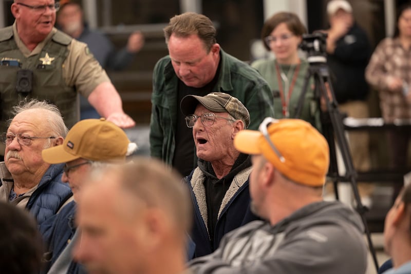 A local resident gets heated during a Coloma Township meeting Wednesday, Dec. 10, 2025, in Rock Falls.