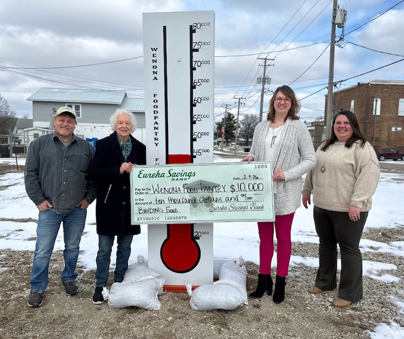 The Eureka Savings Bank branch in Wenona is pledging to match funds up to $10,000 for the Wenona Food Pantry building fund. The new food pantry facility will be constructed across from the bank location, with groundbreaking scheduled for spring.