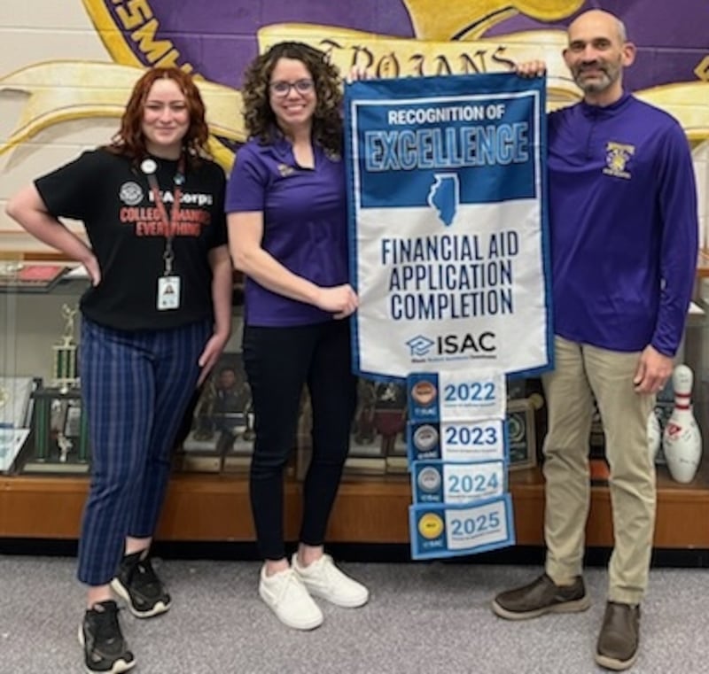 Illinois Student Assistance Commission corp representative Aubrie McDermott( from left), Mendota High School counselor Rachel Tarr, and Mendota High School counselor Mitch Landgraf