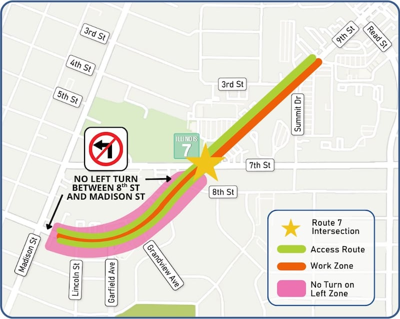 A map of the new traffic patterns which will be effective on Route 7 in Lockport as of Thursday, May 14, 2025.