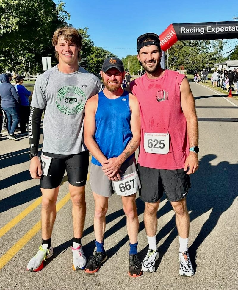 Elijah House of Sheffield (from left) and Brian Taylor and Brett Loftus of Princeton were the top three runners in Saturday's 2025 Underground Railroad 5K run in Princeton.