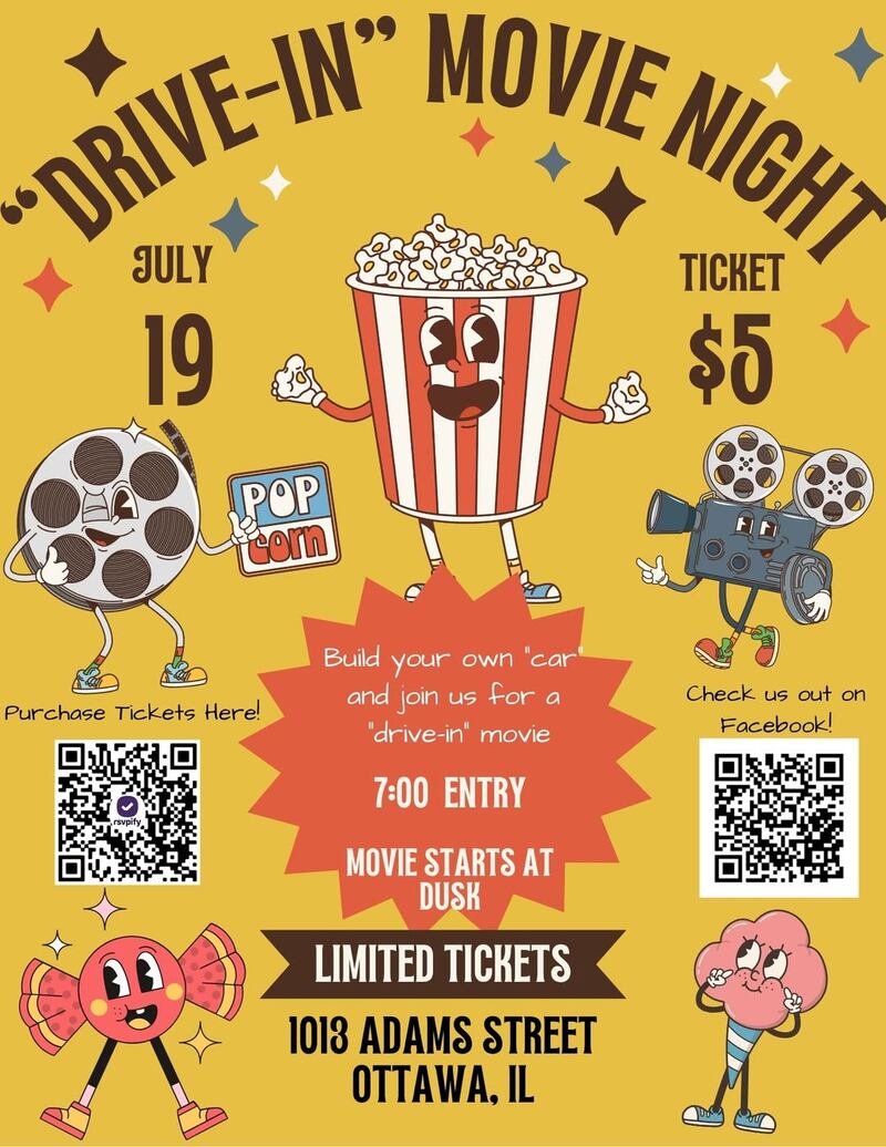 The Minecraft-themed drive-in movie night is set for Saturday, July 19, at 1013 Adams Street in Ottawa, with $5 tickets available via barcode for advance purchase.