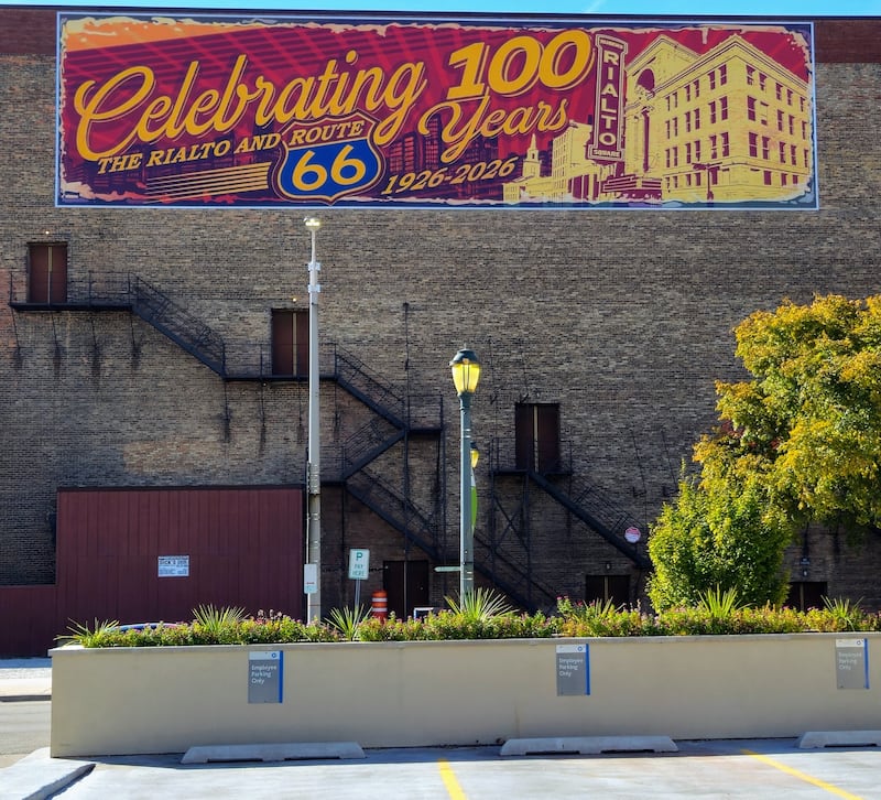 The Rialto Square Theatre now has a mural on the back of the building facing Scott Street proclaiming the 100th anniversary in 2026 of both the Joliet theater and Route 66. Oct. 23, 2024