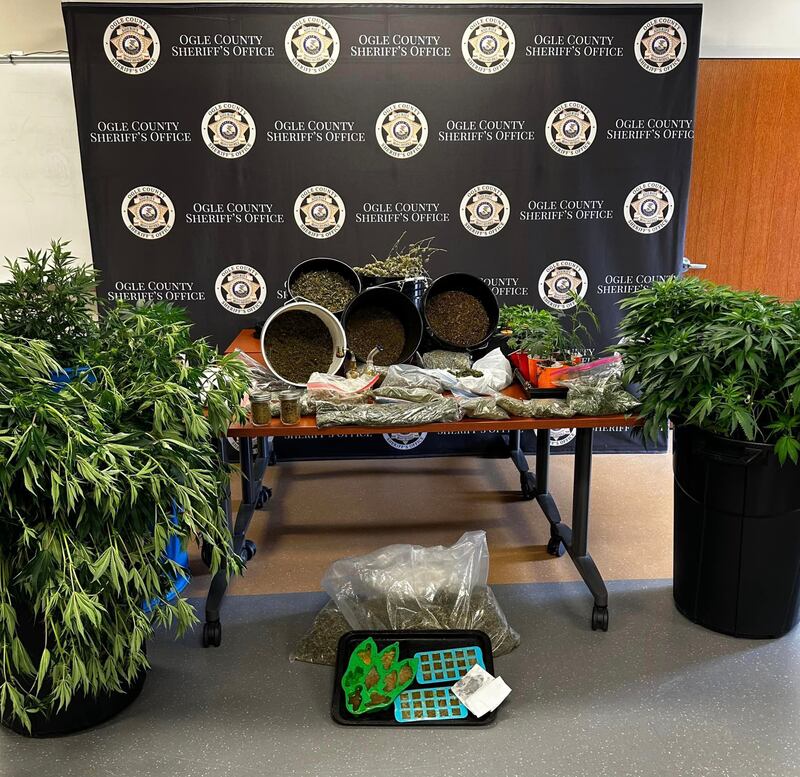 Ogle County Sheriff deputies display what they said they seized after a search warrant was issued for Joshua T. Anderson, 39, of Woosung on April 10, 2024.