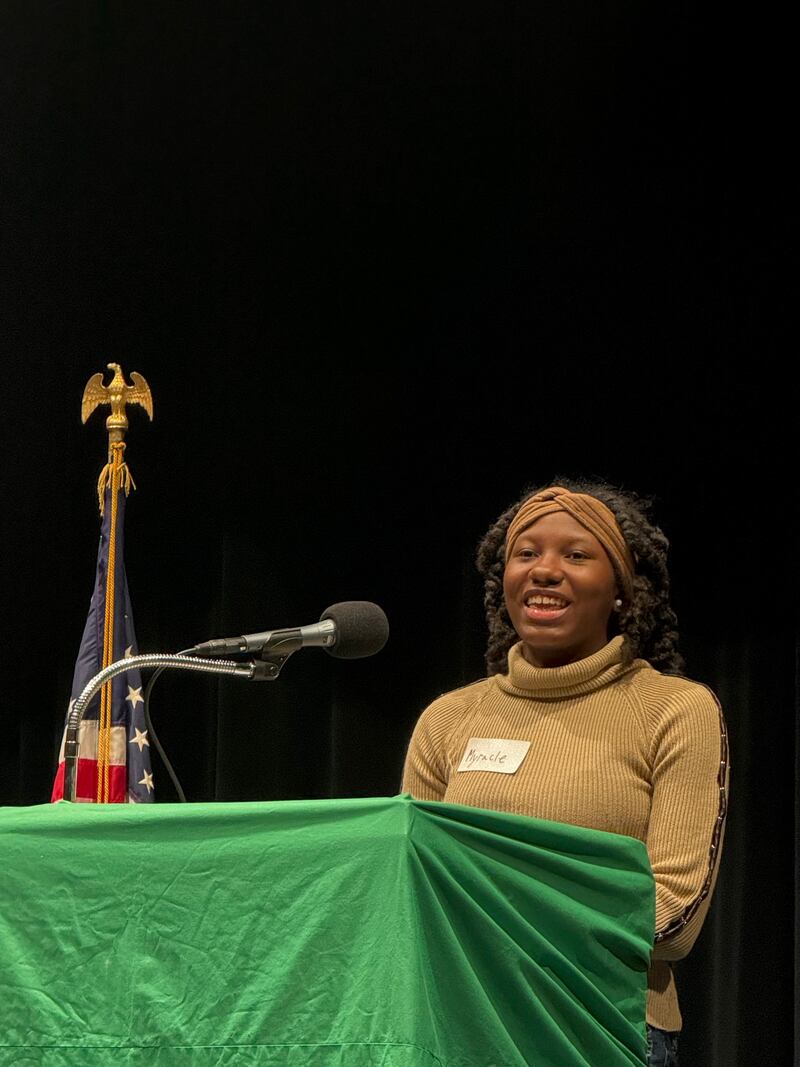 Myracle Johnson, of La Salle County 4-H, participates Saturday, March 6, 2024, in the 4-H Public Speaking Contest at Illinois Valley Community College.