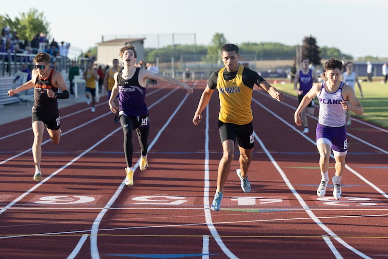 Mendota’s Sebastian Carlos wins his heat in the 200 dash Wednesday, May 20, 2026, at the Rochelle Class 2A boys track sectionals.