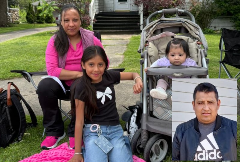From left, Alma Aguilar and her children Emily Quetzaly Estrada Aguilar and Evelyn Itzel Estrada Aguilar are pictured at the 2025 Harvard Milk Days parade. Aguilar's partner and the girls' father, Omar Escobar, inset, was killed in a crash near Harvard last week. Aguilar is expected their third child.