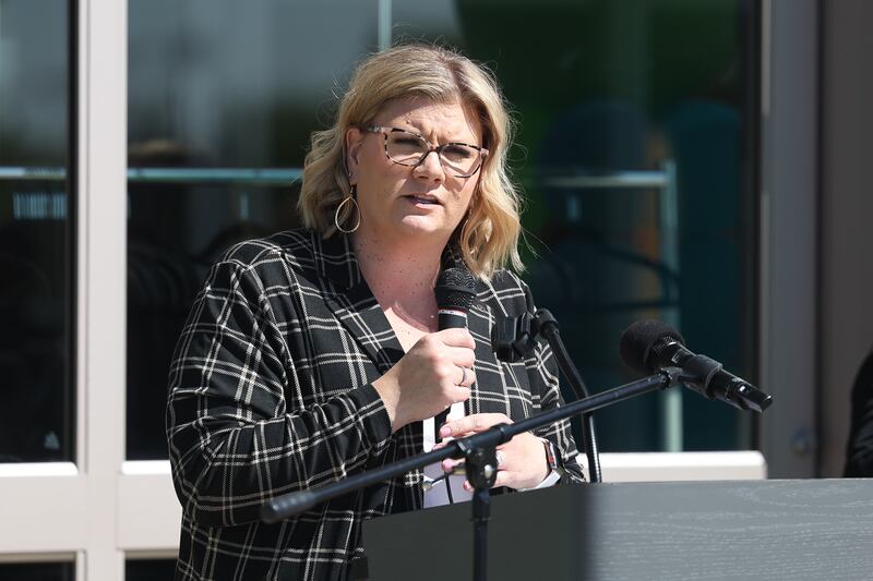Brianne Hetman, Senior Services Center of Will County CEO, speaks at the Ovation Center’s ribbon cutting ceremony on Wednesday, April 24, 2024 in Romeoville.