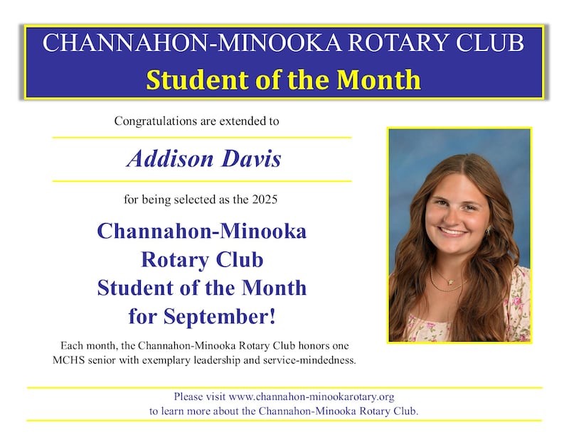 Channahon-Minooka Rotary Student of the Month Addison Davis.