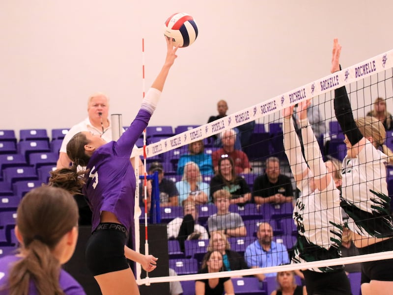 Rochelle's Audyn Kemp spikes the ball during the Hubs' match with North Boone on Sept. 9, 2025.