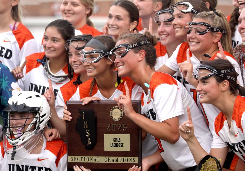 Crystal Lake Central’s United team celebrates a win over  Huntley in IHSA Sectional Title Game action at Crystal Lake Central High School in Crystal Lake on Friday, May 30, 2025.