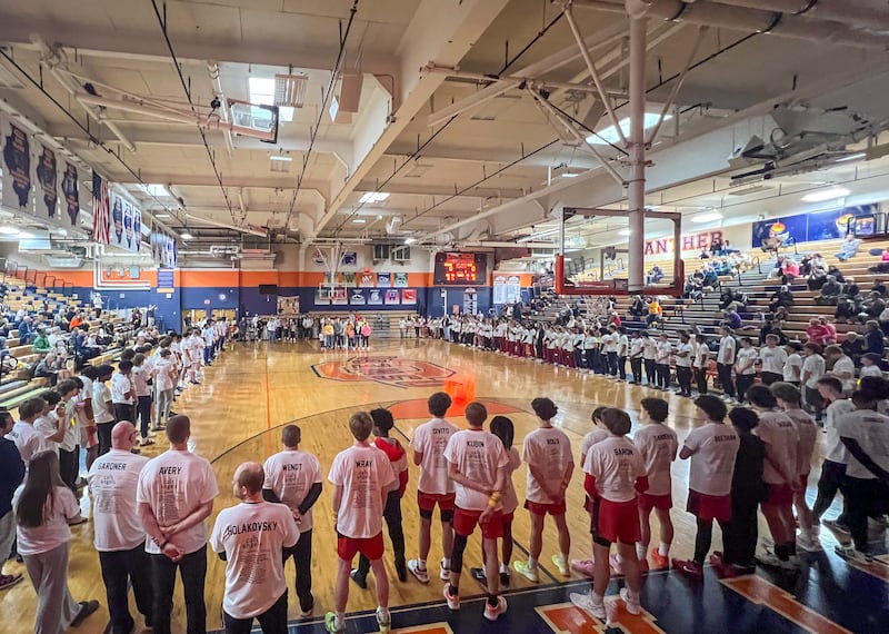 Students and staff from Yorkville and Oswego participated in a communities vs. cancer presentation prior to tip-off at Oswego High School on Saturday, Jan 27, 2024.