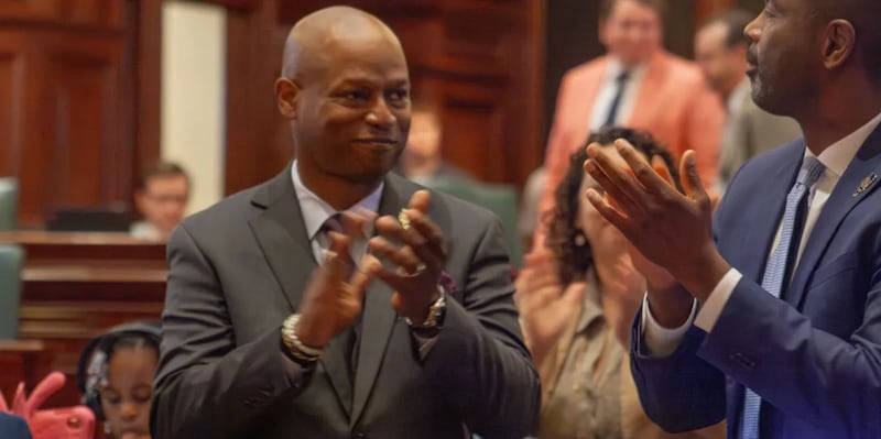 House Speaker Emanuel “Chris” Welch, D-Hillside, applauds after Democrats in the Illinois House approved a constitutional amendment on redistricting on April 22, 2026.