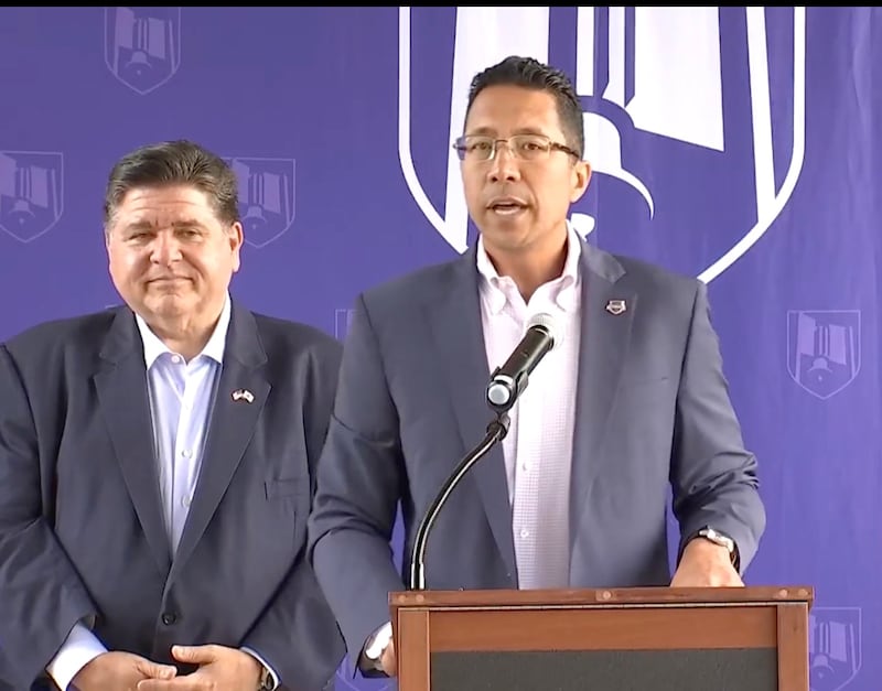 Gov. JB Pritzker (left) joins Joliet Junior College president Clyne Namuo at the dedication ribbon cutting for the school's new Center for Student Wellness and Support on Tuesday, Sept. 23, 2025.