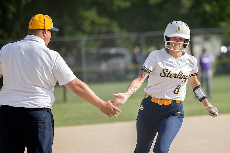 Sterling’s Marley Sechrest celebrates her home run against Rochelle Tuesday, May 27, 2025, during a Class 3A Regional softball game in Dixon.