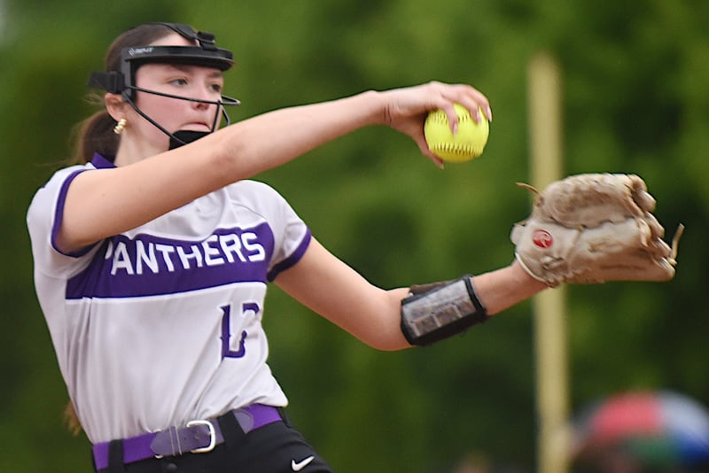 Manteno's Maddy Delya throws a pitch during a home game against Herscher Tuesday, May 12, 2026.