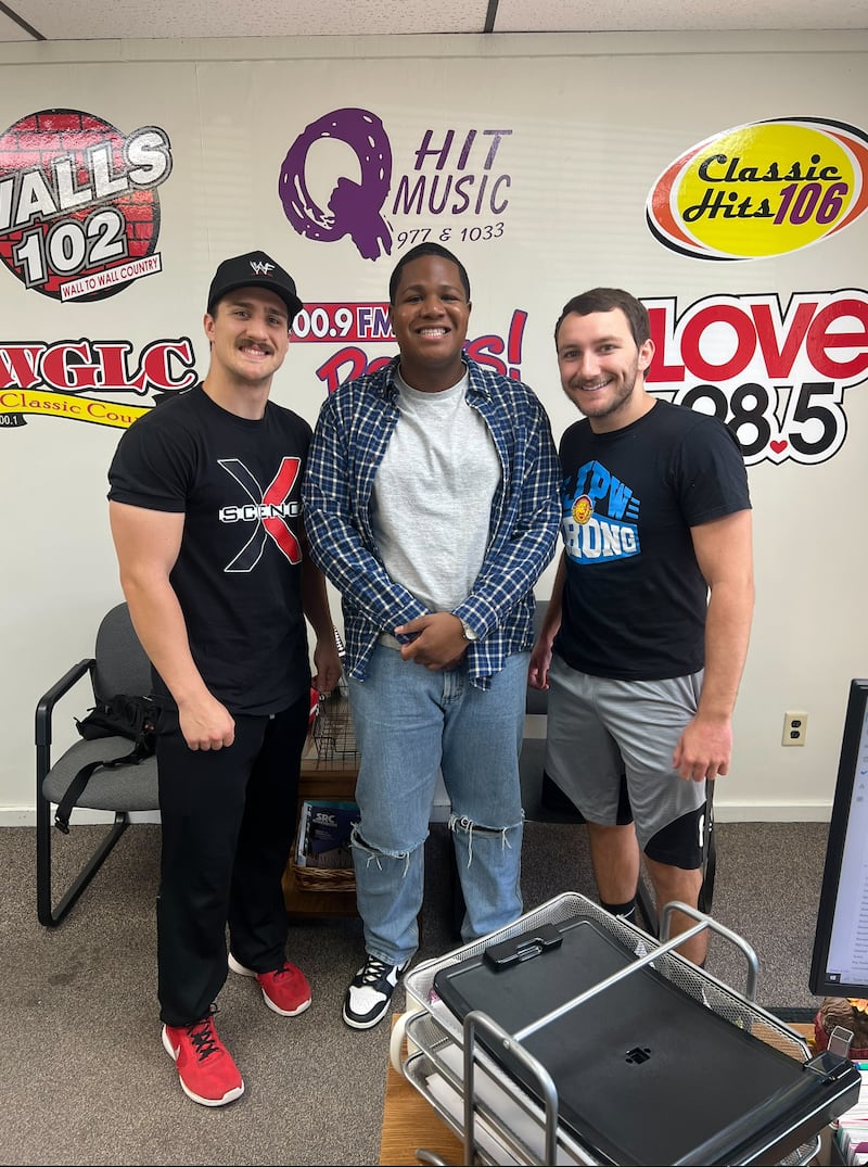 Gaige Noonan & Hunter Holdcraft, also known as "The Hype." They're wrestling this Saturday at Dreamwave Wrestling’s. Also pictured in center: Shaw Local Radio DJ "Day" Jones