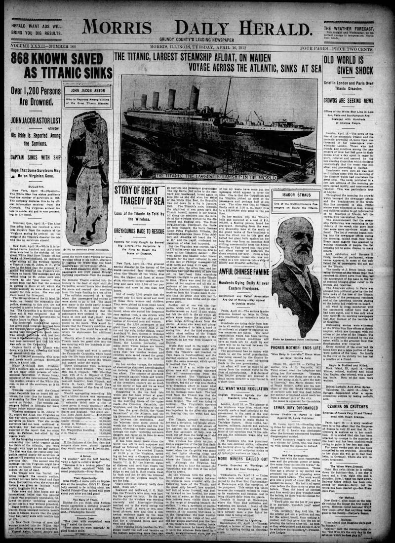 The cover of the Morris Daily Herald for April 16, 1912