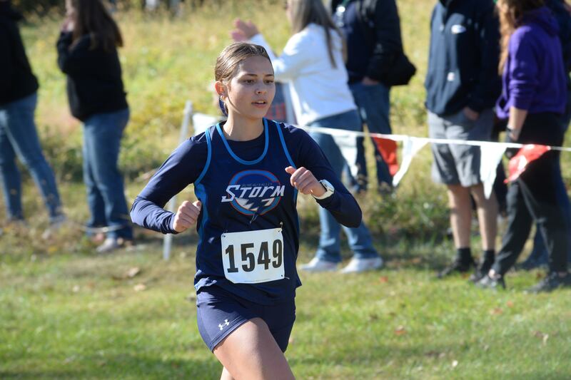 Bureau Valley's Gemma Moore runs at the 51st Annual Columbus Day Invitational at Shady Oaks Golf Club in Sublette on Monday, Oct. 14. 2024.