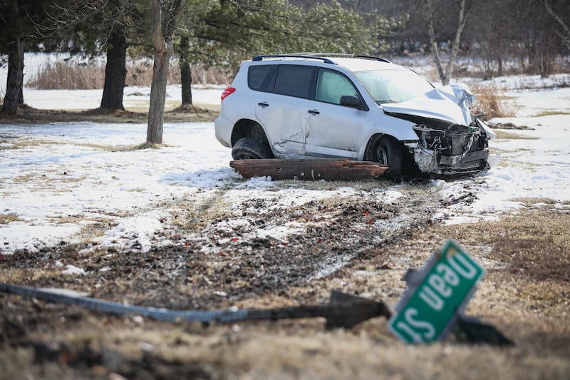 A car crashed into a utility pole near the intersection of Dean Street and Gayle Drive in Woodstock on Feb. 10, 2026.