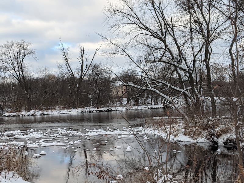 Snow lined the trees along the shore of the Fox River next to Hudson Crossing Park in downtown Oswego on Sunday, Nov. 30, 2025.