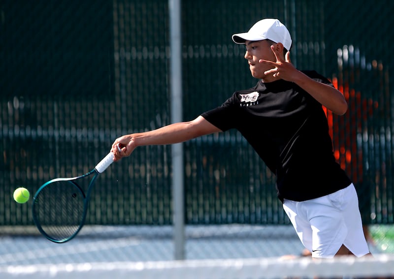 Huntley’s Will Geske returns the ball as he competes in the Class 2A Boys State Tennis Tournament on Thursday, May 23, 2024, at Hersey High School in Arlington Heights.