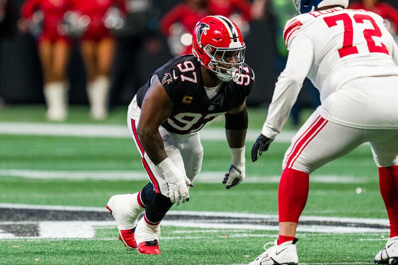 Atlanta Falcons defensive end Grady Jarrett (97) works during the first half of an NFL football game against the New York Giants, Sunday, Dec. 22, 2024, in Atlanta. The Falcons defeated the Giants 34-7. (AP Photo/Danny Karnik)