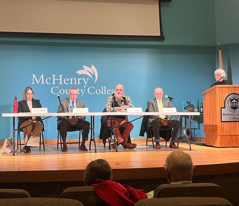 District 155 candidates (from left to right) Nicole Pavoris, David Jenkins, Walter Moist and Ryan Olson participated in the candidate forum hosted by the League of Women Voters of McHenry County Thursday at McHenry County College.