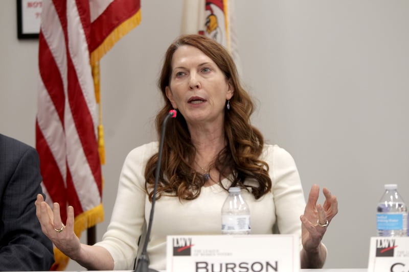 Janet Burson, candidate for Campton Hills trustee, answers a question during a candidates’ forum hosted by the League of Women Voters at the Campton Hills Village Hall on Thursday, March 2, 2023.