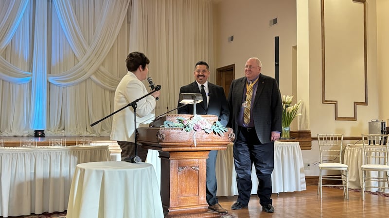 The Joliet Region Chamber of Commerce & Industry recently named Cesar Cardenas (center) as the 2025 recipient of the Marx Gibson Community Leadership Award. Cardenas is pictured with Will County Executive Jennifer Bertino-Tarrant and University of St. Francis President Arvid Johnson on Tuesday, March 18, 2025, in Joliet.
