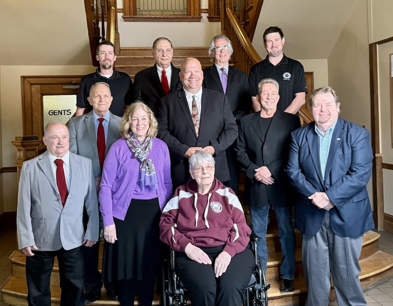 La Salle's new City Council members were sworn-in Monday, April 28, 2025, during its regular meeting at City Hall. They are (from left, front) John “Doc” Lavieri, City Clerk Liz Bishop, Treasurer Virginia Kochanowski, T. “Boo” Herndon, (second row) Jerry Reynolds, Mayor Jeff Grove, Bob Thompson, (third row) Joseph Jeppson, James “Diz” Demes, Tom Ptak and Jordan Crane.