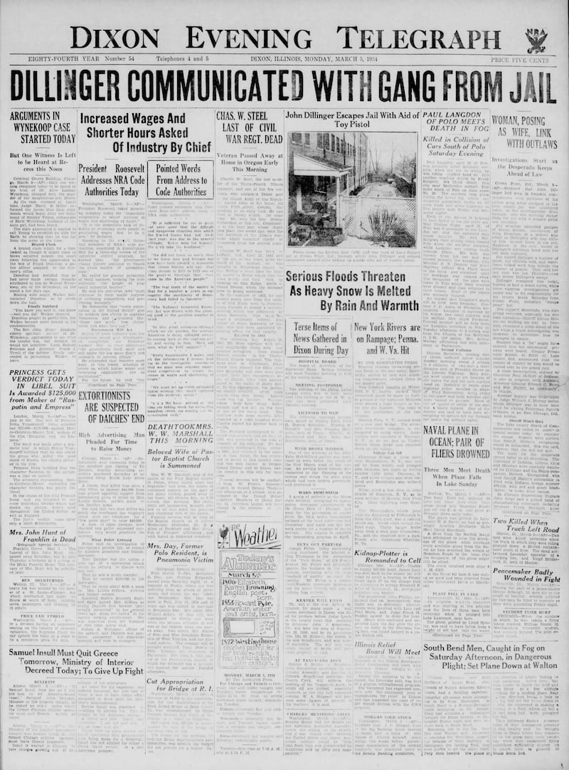 The cover of the Dixon Evening Telegraph for March 5, 1934