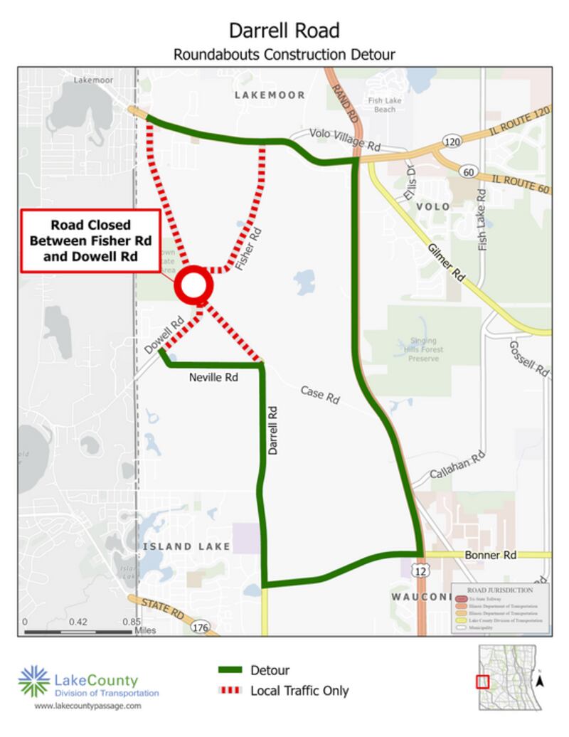 The Lake County Division of Transportation will close Darrell Road, Fisher Road and Dowell Road to through traffic for 140 days beginning at 5 a.m. May 27.