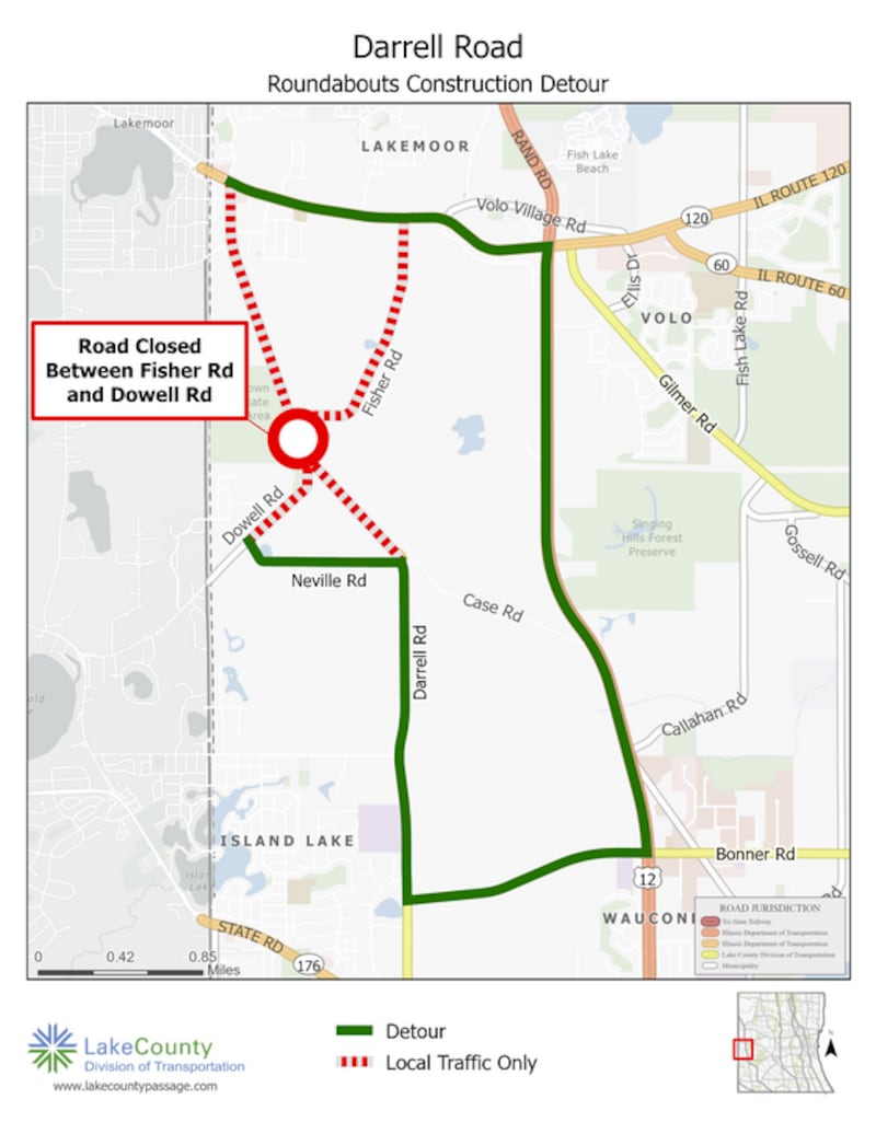 The Lake County Division of Transportation will close Darrell Road, Fisher Road and Dowell Road to through traffic for 140 days beginning at 5 a.m. May 27.