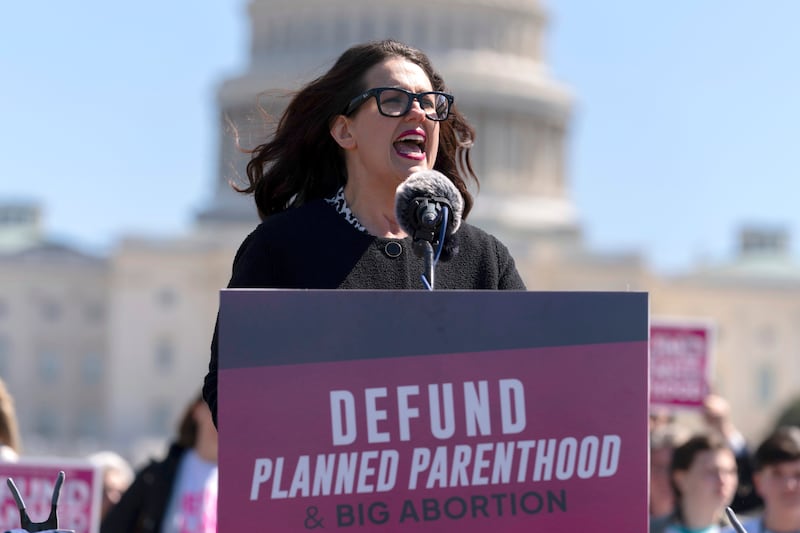 Kristan Hawkins, president of Students for Life of America, speaks during an anti-abortion rally on Capitol Hill in Washington, Thursday, March 27, 2025. (AP Photo/Jose Luis Magana)