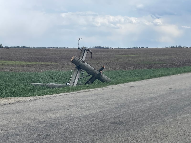 A utility pole on East Third Road south of Mendota that was knocked down by Friday's EF1 tornado. The National Weather Service confirmed the twister on Sunday.