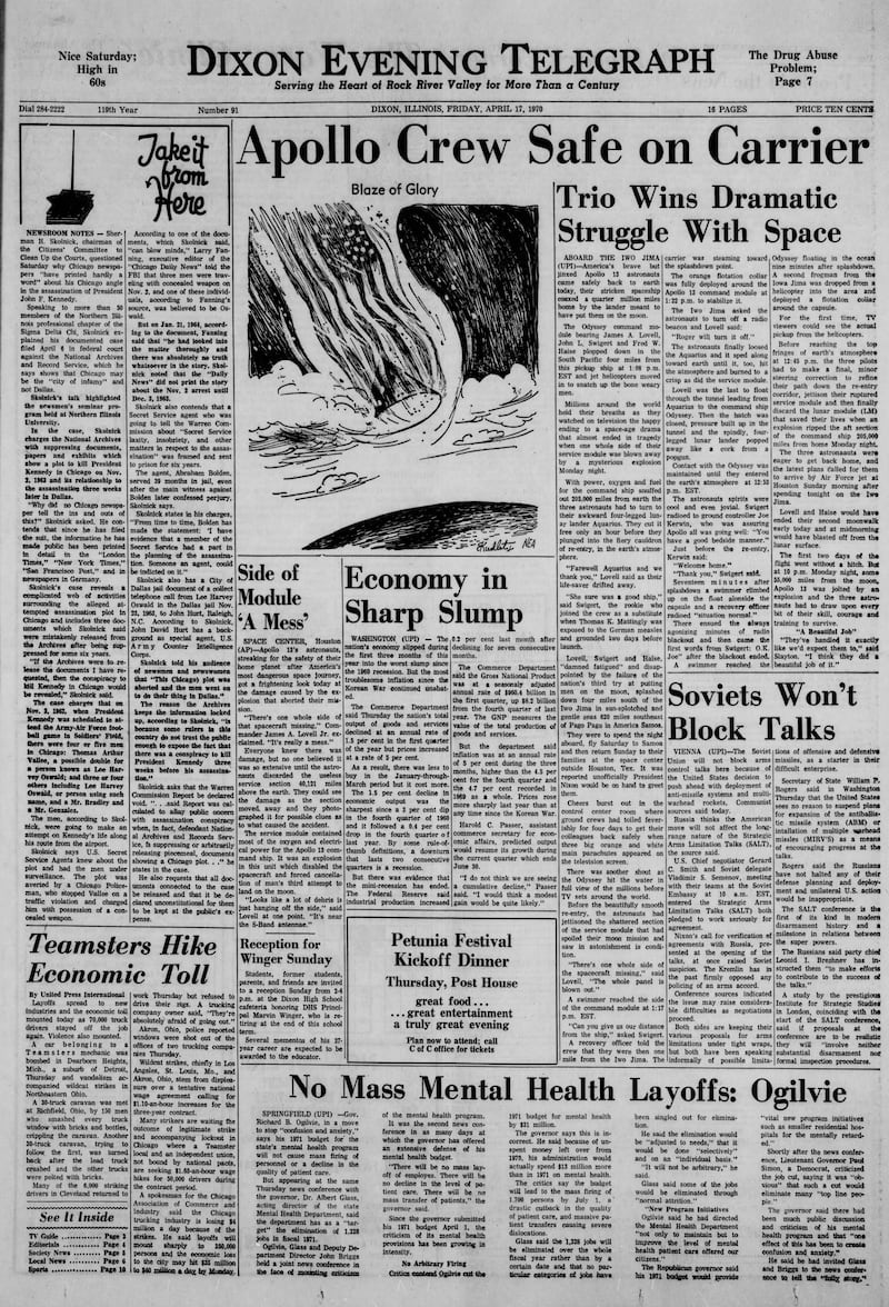The cover of the Dixon Evening Telegraph for April 17, 1970