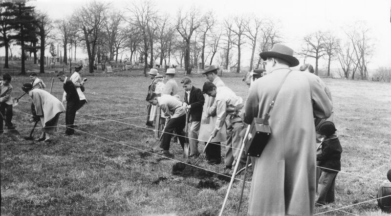 Groundbreaking at First Street for the First Congregational Church in DeKalb, looking northwest toward Oakwood Cemetery, April 1953.
