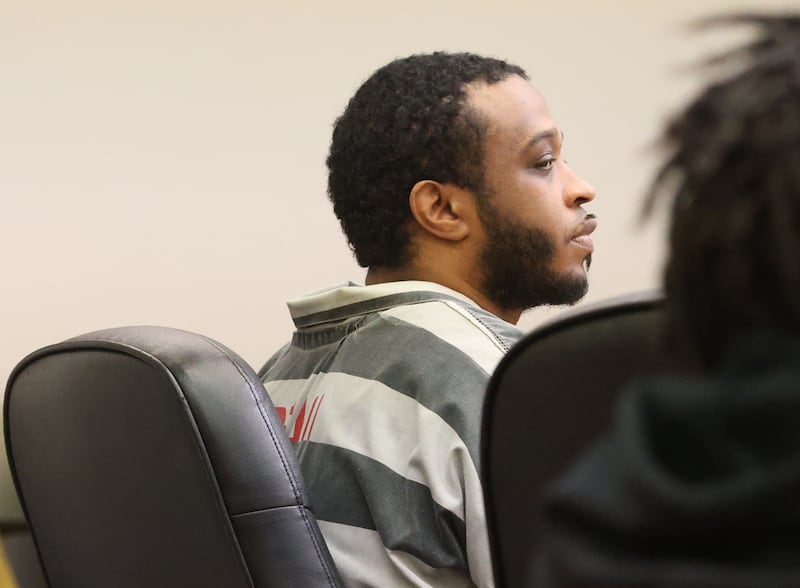 Tyler Skerett, 31, of Streator, listens to his sentence being read on Friday, Dec. 5, 2025 at the La Salle County Government Complex in Ottawa. Skerett was found guilty of first-degree murder for the Easter Sunday shooting on April 20 in Streator’s business district.