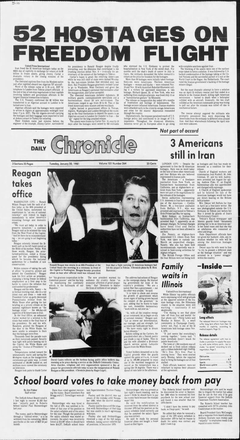 The cover of the Daily Chronicle for Jan. 20, 1981