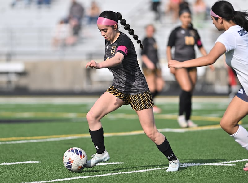 Joliet West's Miley Aguirre in action during the conference game against Plainfield South on Thursday, April. 24, 2025, at Joliet.
