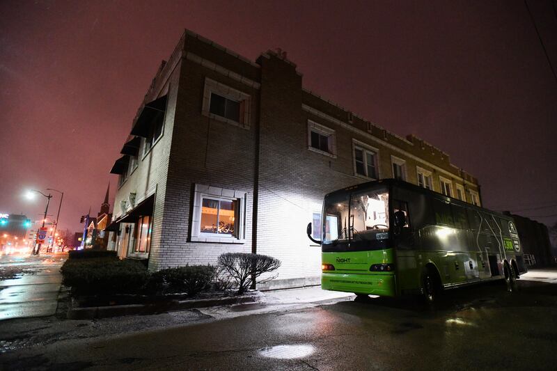 Fortitude Community Outreach's Night Fort bus warms up outside the Salvation Army in Kankakee in January 2024. The shelter has partnered with the Salvation Army on East Court Street to provide a place for meals, showers, laundry and fellowship before guests board the bus, retro-fitted with bunks, to sleep.