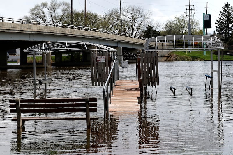 Partially submerged docks near Francis M. Schmitt Park in Johnsburg on Sunday, April 19, 2026, as the Fox River continues to rise.