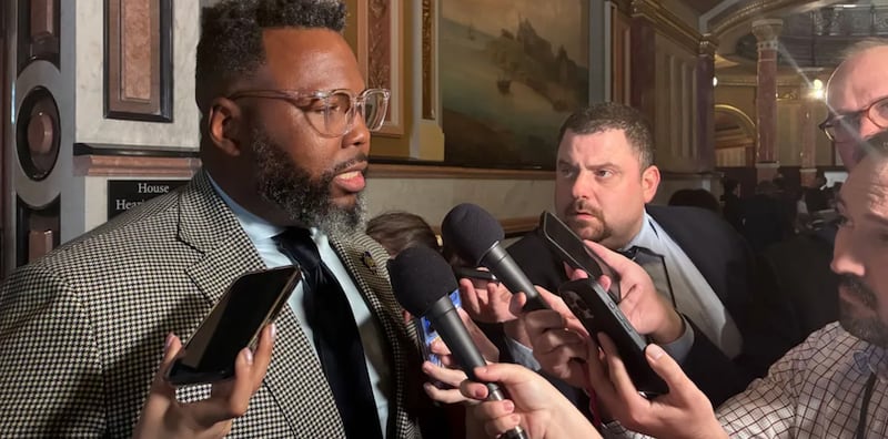 Rep. Kim Buckner, D-Chicago, updates reporters about a megaprojects bill aimed at incentivizing the Chicago Bears to build a domed stadium in Arlington Heights.