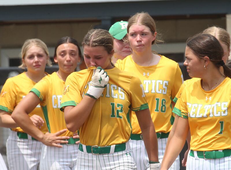 Members of the Providence Catholic softball team react while walking off the field after falling to Chatham during the Class 3A State finals game on Saturday, June 14, 2025 at the Louisville Slugger Sports Complex in Peoria.