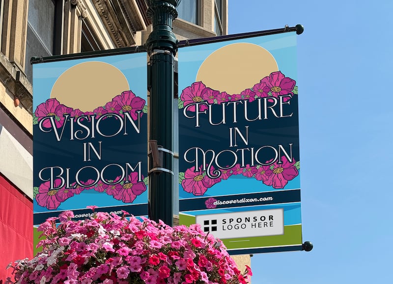 A mock photo of Discover Dixon's 2025 city banner design which will be displayed with the petunia baskets throughout downtown Dixon.